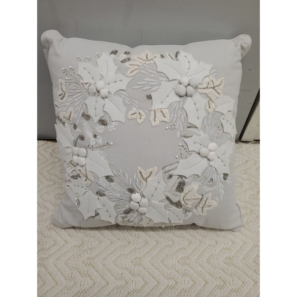 Martha Stewart Decorative Pillow Christmas Theme Off-white Holly Leaves MSRP $80